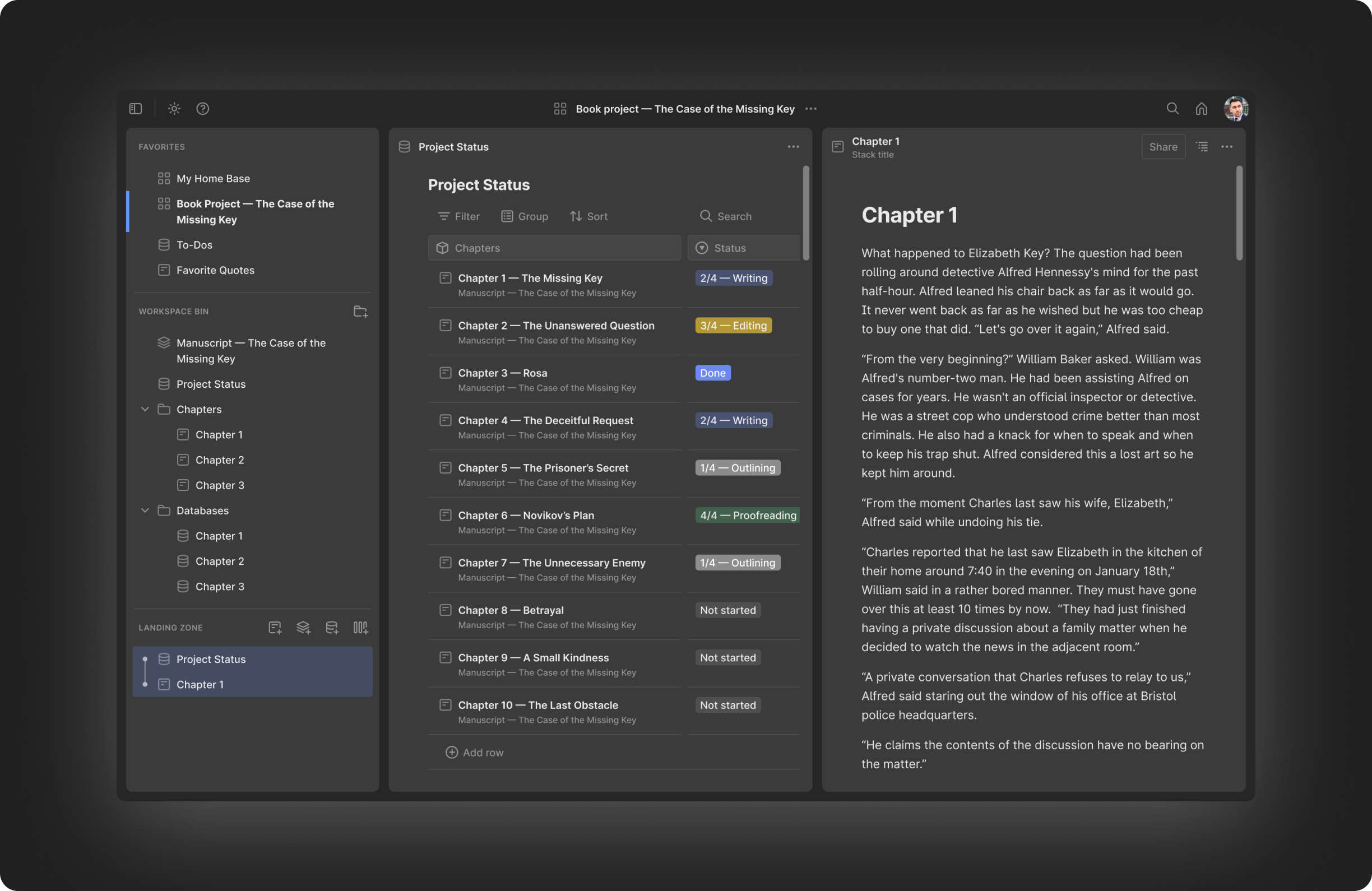 Screenshot of Speare in dark-mode for writing in low-light conditions
